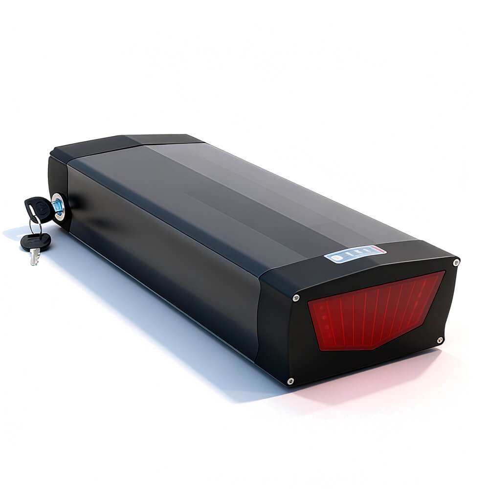 A rear rack mounted e-bike battery box